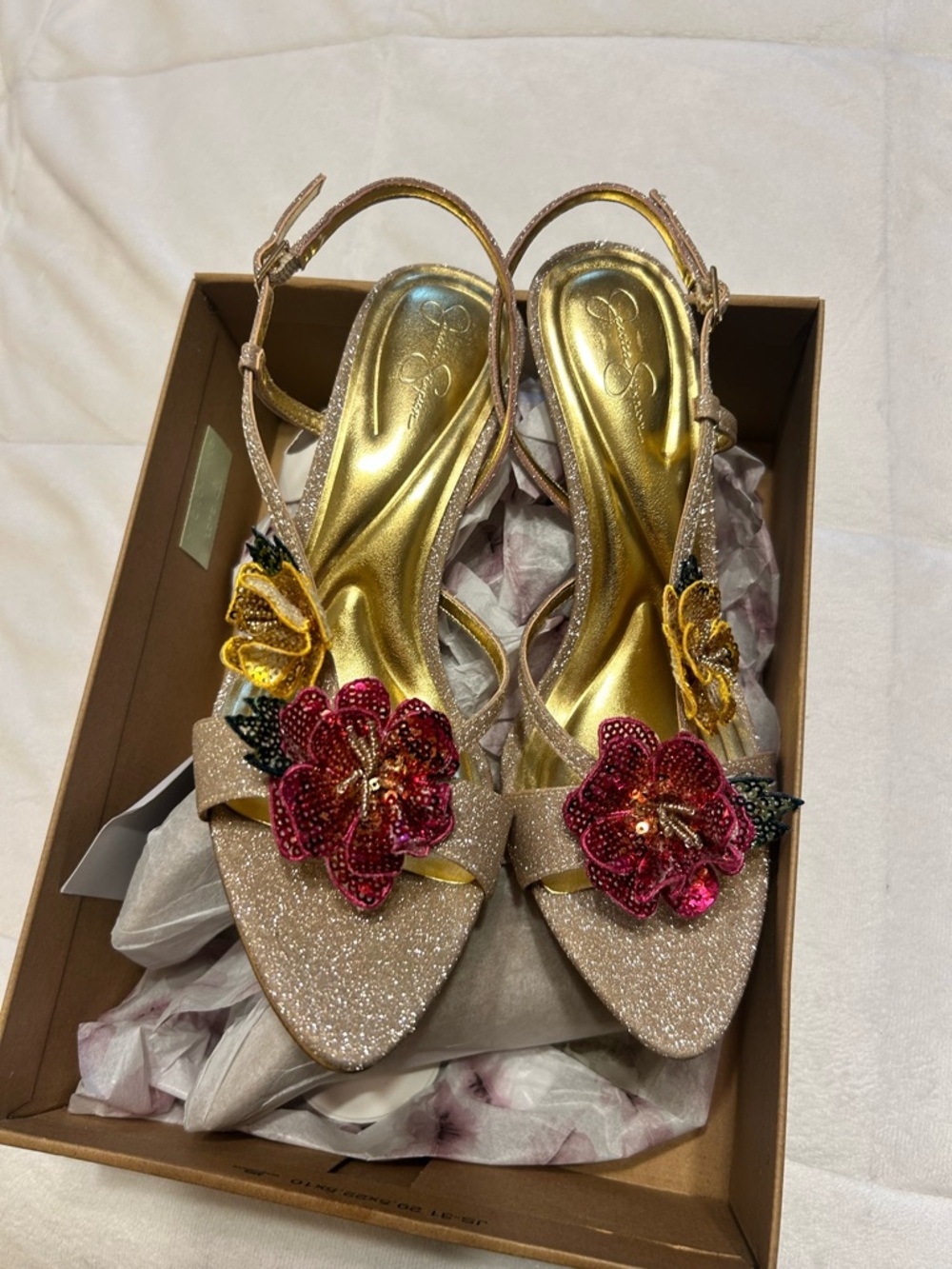 Gold Glitter Slingback Stilletos with Pink Floral Appliqué